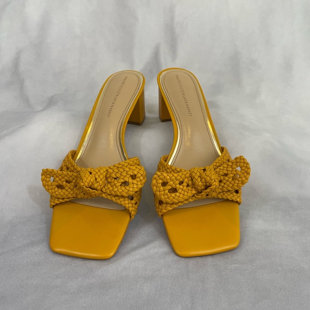 White House Black Market Mustard Woven Heels
